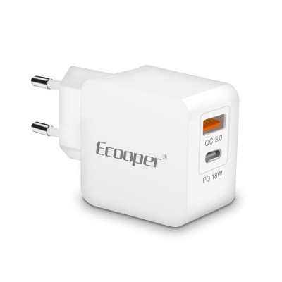 Ecooper EU Plug Quick Charge 3.0 18W Wall Charger Adapter Support with Type-C USB Ports for Apple Device iPhone Samsung